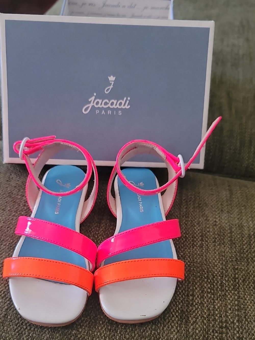 Jacadi Neon Pink and Orange Girls Patent Strap Sandals Size 9 Toddler